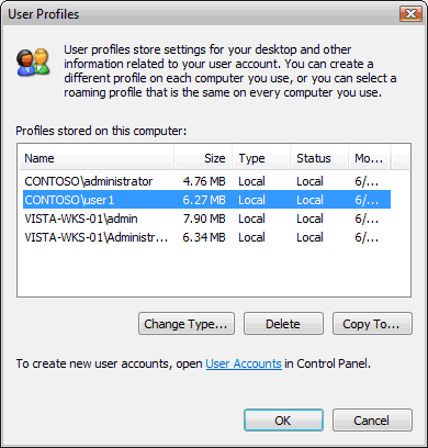 Диалоговое окно Профили пользователей в Windows Vista
